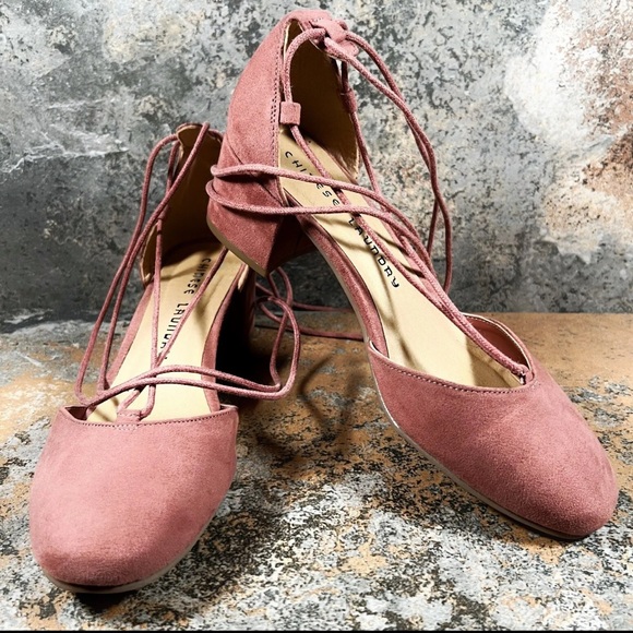CHINESE LAUNDRY Heels Womens Size 5.5 Pink Suede Wrap Around Ankle Laced Ballet - Picture 1 of 8